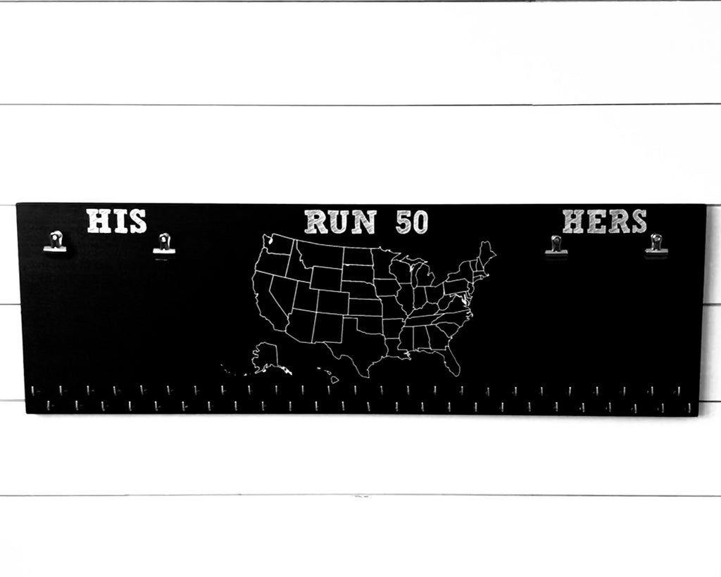 Run 50 States Medal Holder with His and Hers bib clips and 50 hooks on Chalkboard 36"