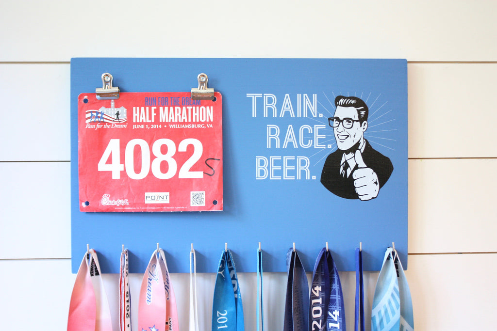 Race Bib & Medal Holder - Train Race Beer - York Sign Shop - 1