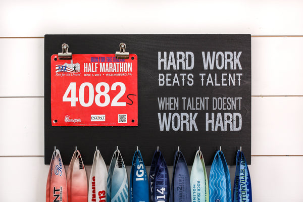 Running Race Bib and Medal Holder - Hard Work Beats Talent