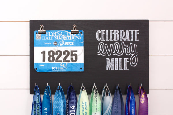 Running Race Bib and Medal Holder - Celebrate Every Mile - One set of clips layout