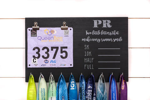 PR Race Bib and Medal Holder with Feminine Fonts- 5K, 10K, Half, & Full