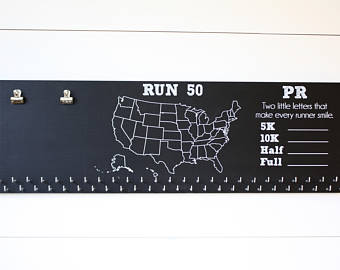 Run 50 States Medal Holder with PR Running Times list with bib clips and 50 hooks on Chalkboard 36"