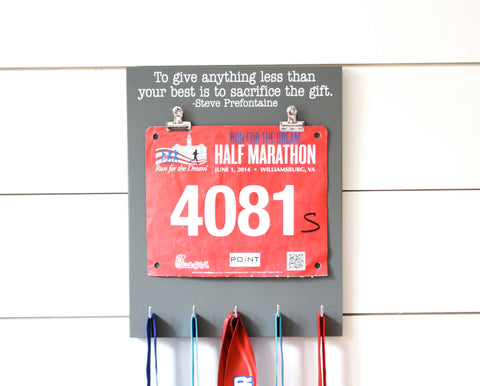 Running Race Bib & Medal Display - To give anything less than your best is to sacrifice the gift. - Steve Prefontaine quote - York Sign Shop - 1