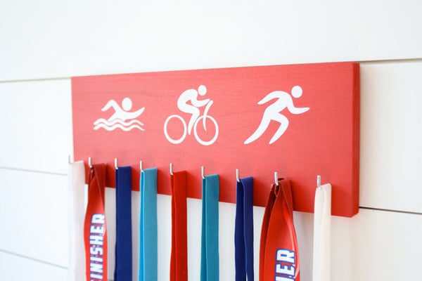 Triathlon Medal Holder / Display - Swim. Bike. Run. Olympicons / Stick Figures - Medium - York Sign Shop - 1