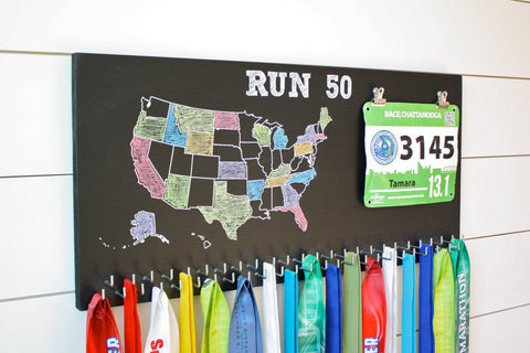 Run 50 States Medal Holder with race bib clips and 50 hooks  *** Chalkboard*** - York Sign Shop - 1