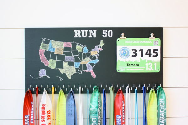 Run 50 States Medal Holder with race bib clips and 50 hooks  *** Chalkboard*** - York Sign Shop - 2